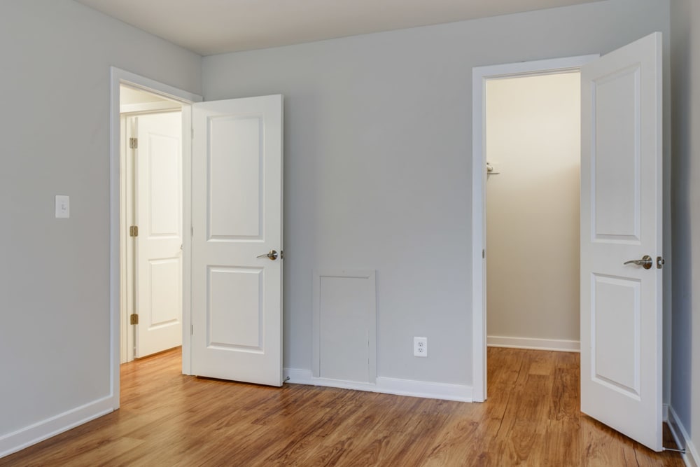Wood flooring and an open closet in a model apartment at Stonecreek Club in Germantown, Maryland