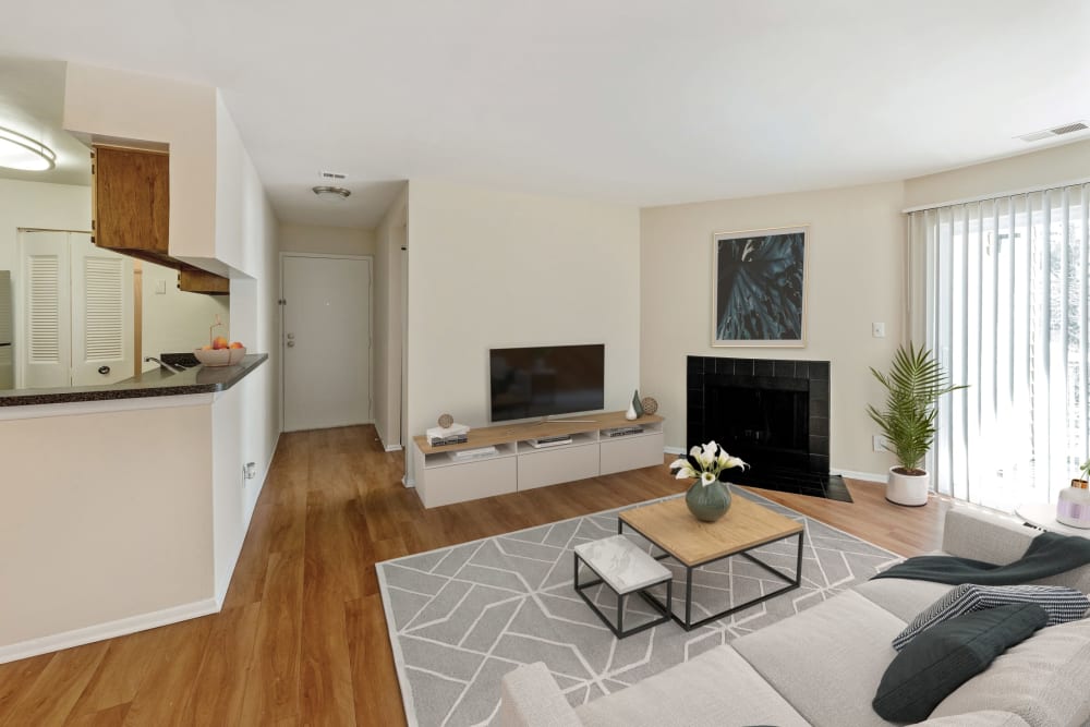 A furnished model apartment living room at Stonecreek Club in Germantown, Maryland