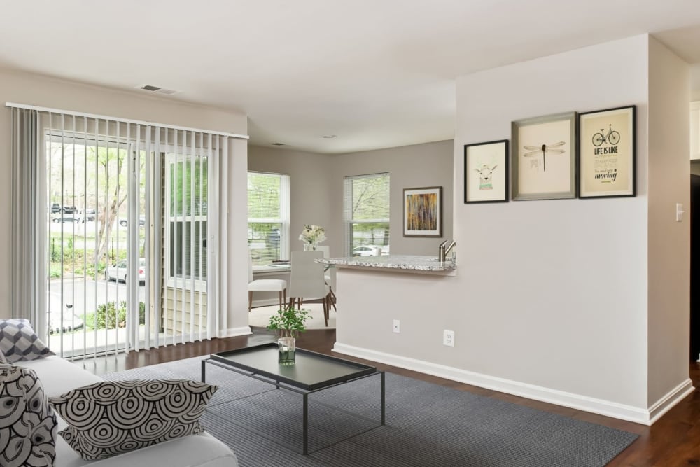 A furnished apartment living room with a sliding glass door to the balcony at Hunt Club in Gaithersburg, Maryland