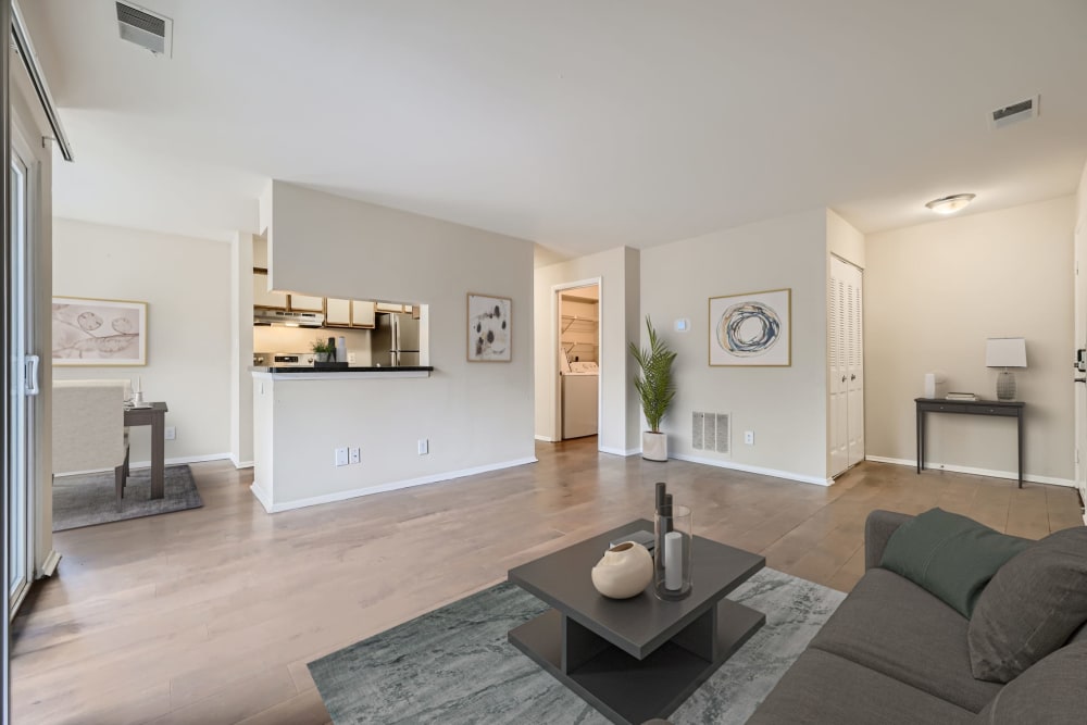 Wood flooring in an apartment living room, dining room and kitchen at Hunt Club in Gaithersburg, Maryland