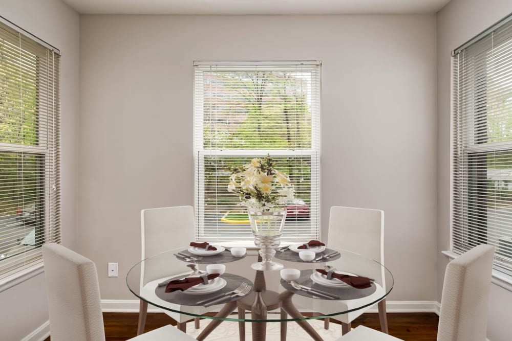 A decorated dining room table in a model apartment at Hunt Club in Gaithersburg, Maryland