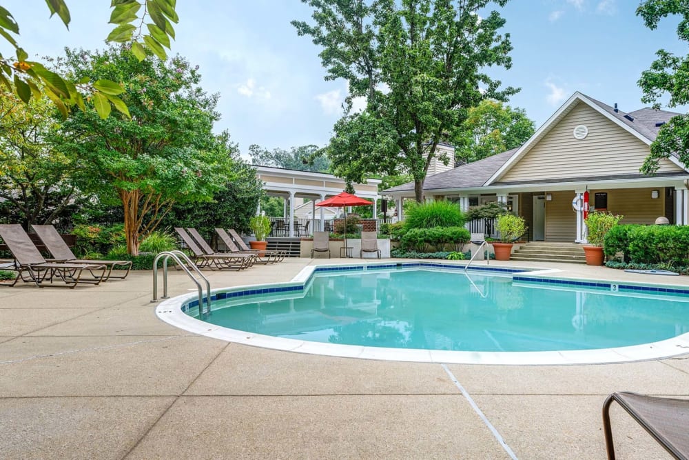 The sparkling community swimming pool at Springwoods at Lake Ridge in Woodbridge, Virginia