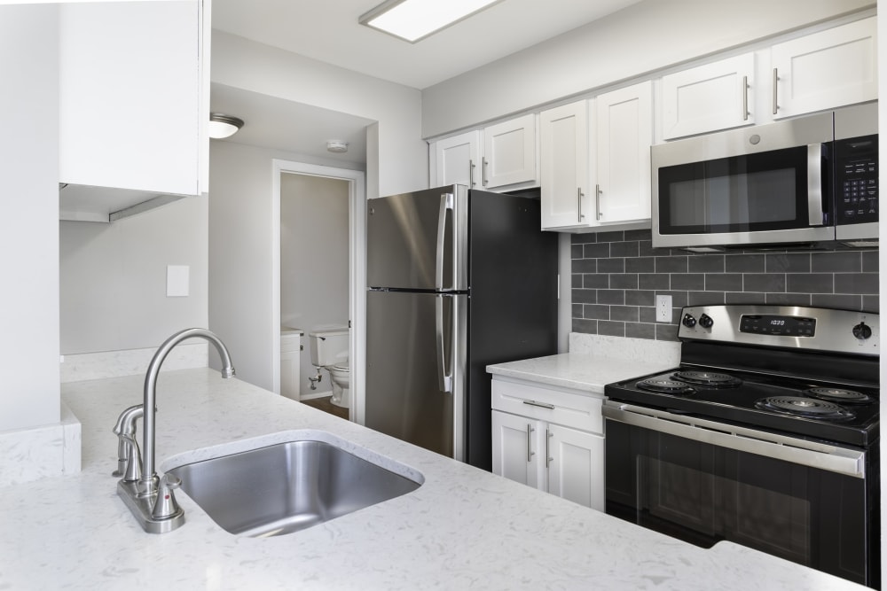 Stainless steel appliances in an apartment kitchen at Springwoods at Lake Ridge in Woodbridge, Virginia