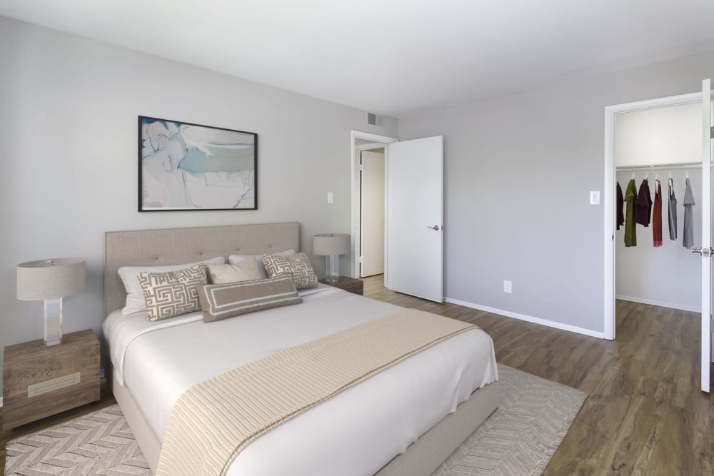 Wood flooring in a furnished apartment bedroom at Springwoods at Lake Ridge in Woodbridge, Virginia