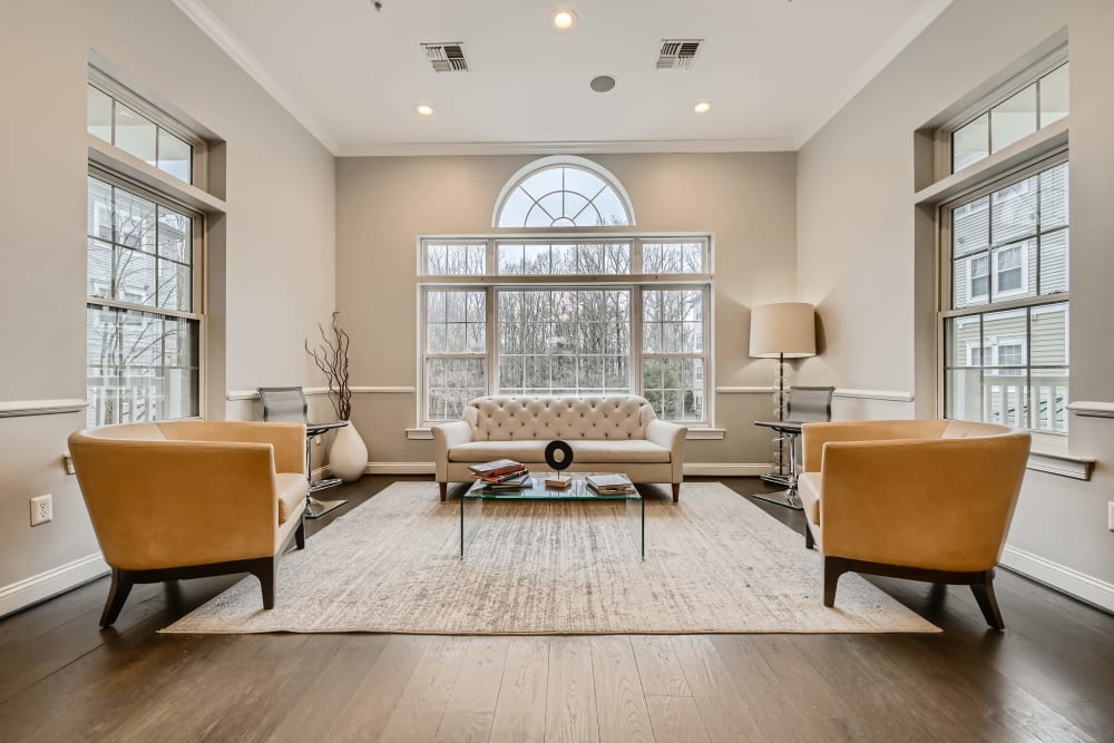 Comfortable lounge seating in the clubhouse at Park at Kingsview Village in Germantown, Maryland