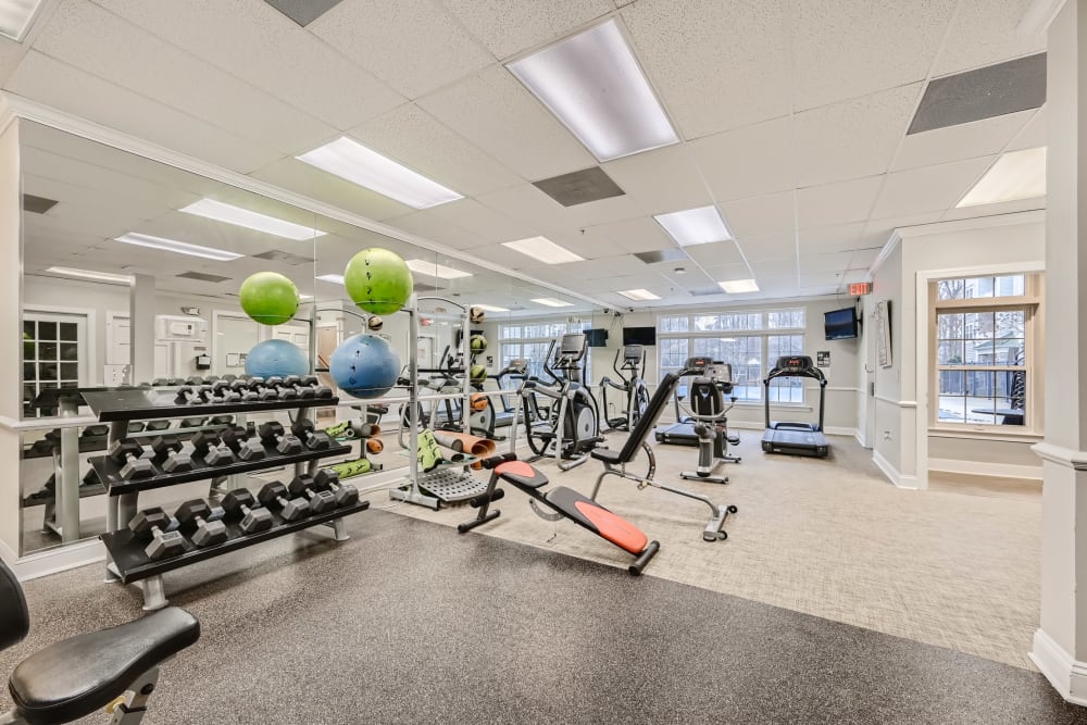 Exercise equipment in the fitness center at Park at Kingsview Village in Germantown, Maryland