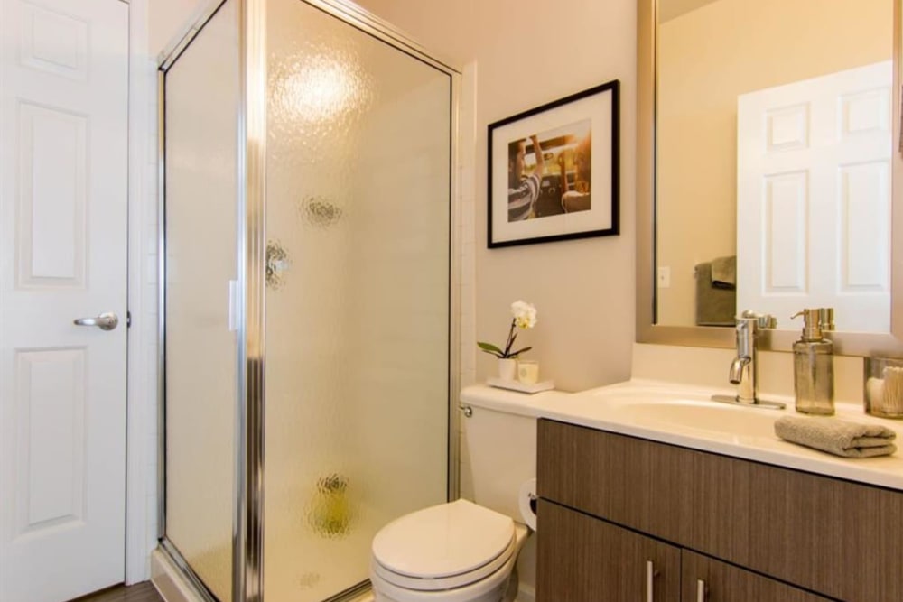 Glass door to a shower in an apartment bathroom at Park at Kingsview Village in Germantown, Maryland