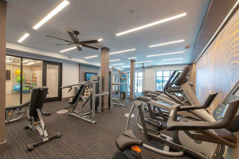Well-equipped fitness center with treadmills and weight-lifting machines at The Elms at Century in Germantown, Maryland