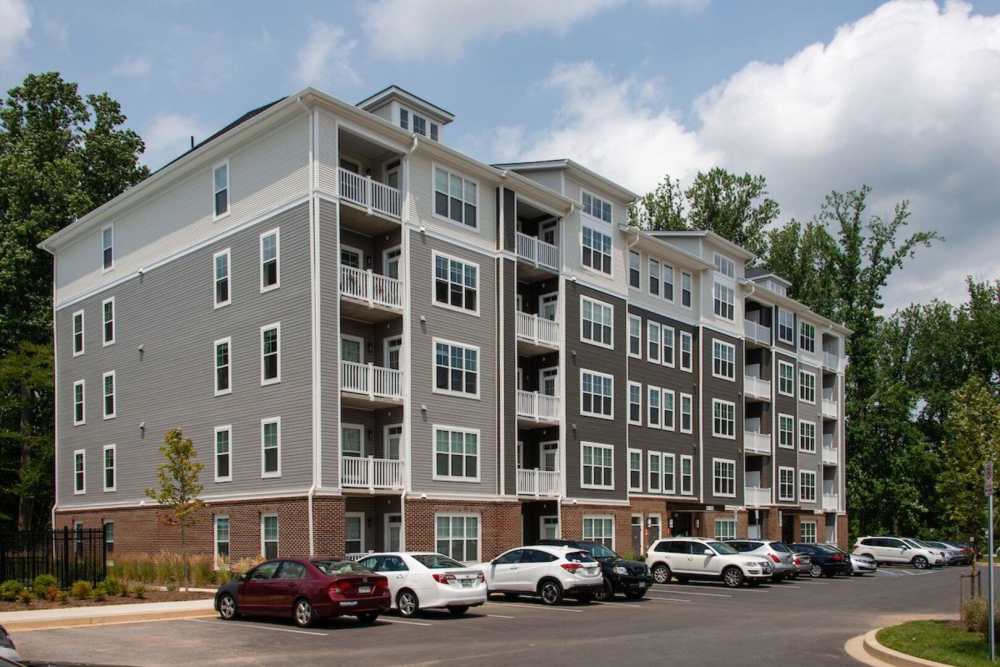 Complete view of the apartment from the opposite side of the road at The Elms at Century in Germantown, Maryland