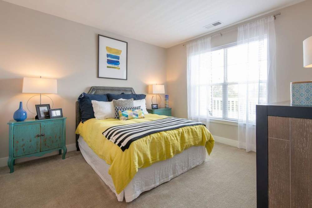 Comfortable bedroom with carpet flooring at The Elms at Century in Germantown, Maryland