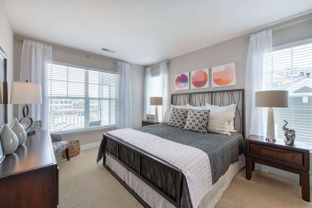 Bedroom with plush carpeting at The Elms at Arcola in Dulles, Virginia
