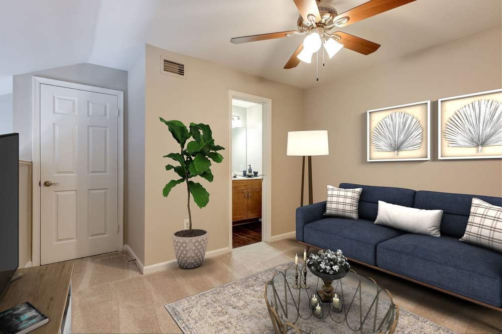 Cozy living room at The Elms at Centreville in Centreville, Virginia, 