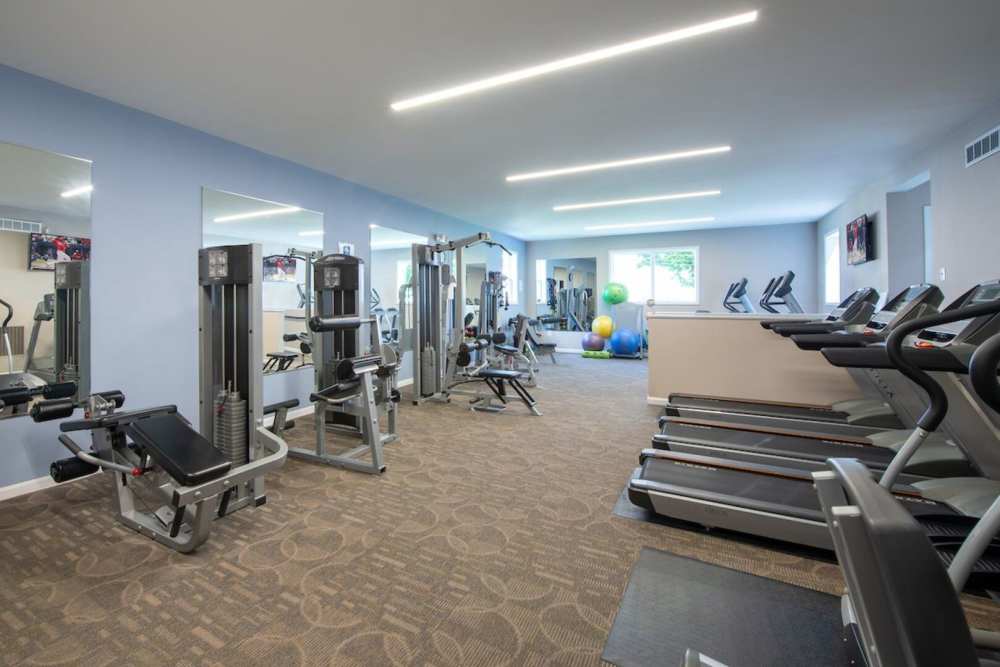 Well-equipped fitness center with treadmills and weight-lifting machines at The Elms at Centreville in Centreville, Virginia, 