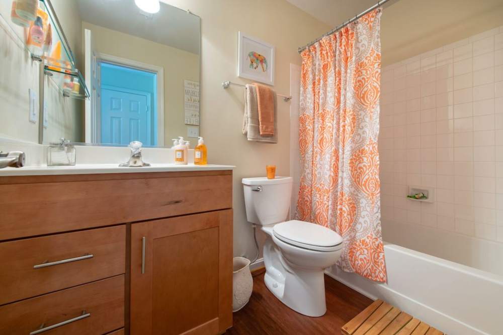 Bathroom with hard flooring and storage space at The Elms at Centreville in Centreville, Virginia, 