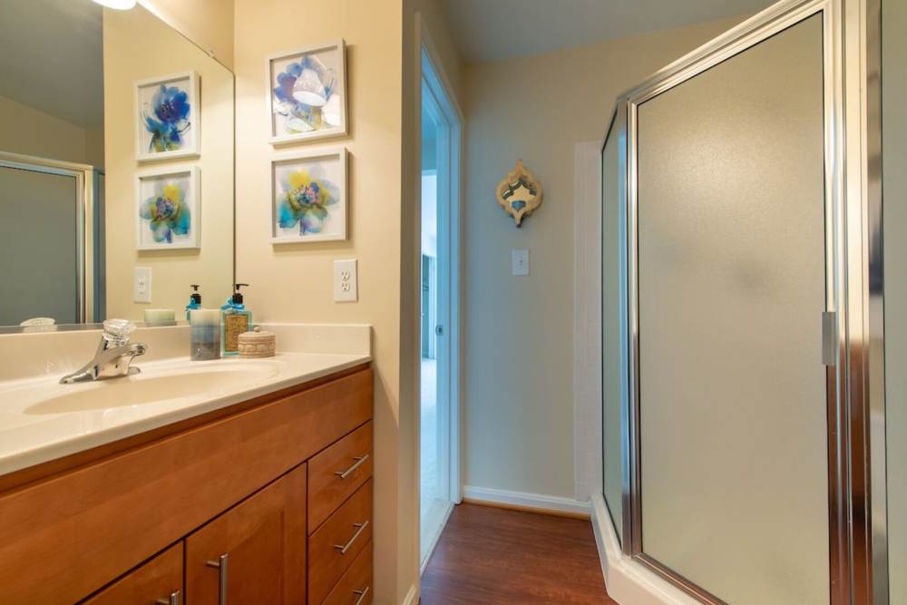 Bright bathroom with vanity lights and connected to bedroom at The Elms at Centreville in Centreville, Virginia, 