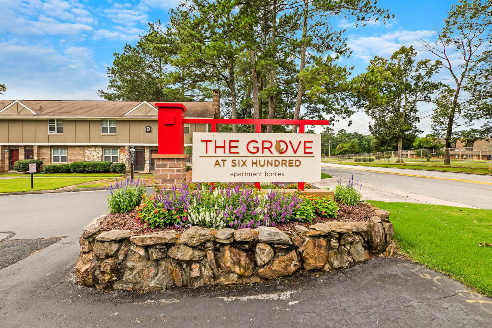 Welcome sign at The Grove at Six Hundred Apartment Homes in Rome, Georgia