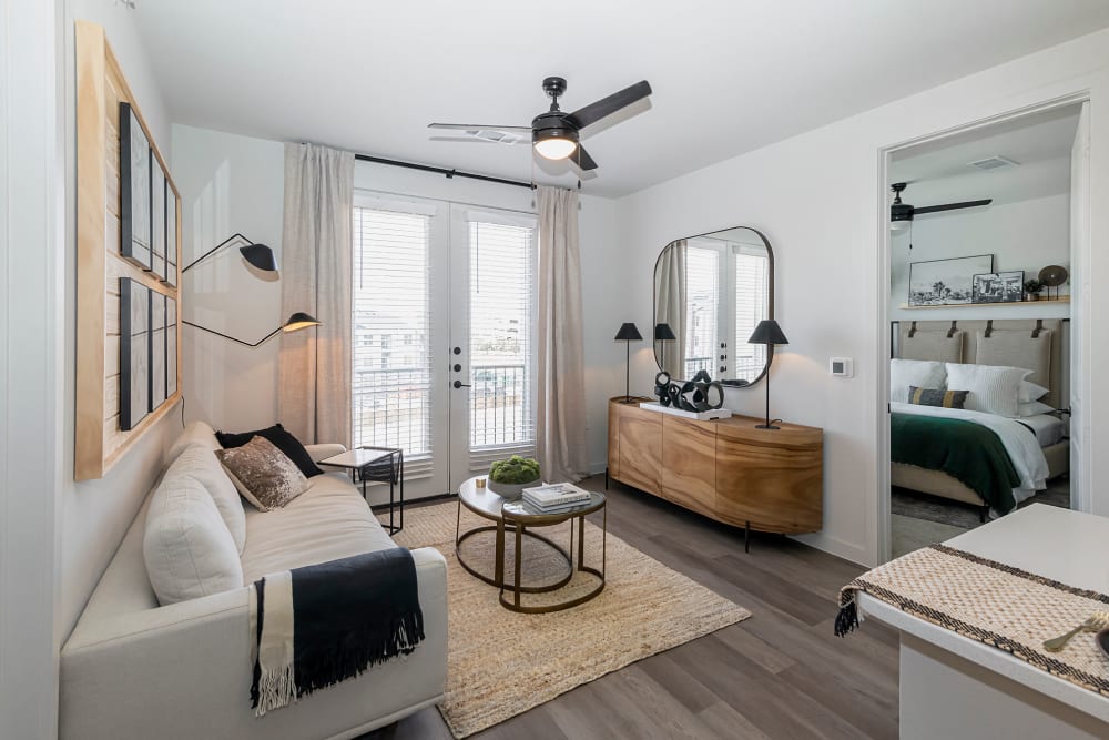 White beautiful living room at Auro Crossing in Austin, Texas