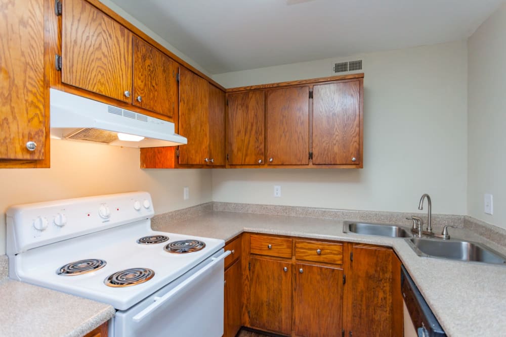 Kitchen with white appliances at Southwood Apartments in Nashville, Tennessee