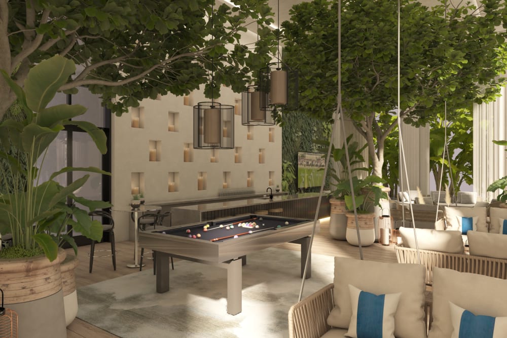 Rendering of a gathering space with games at Bocora in Boca Raton, Florida