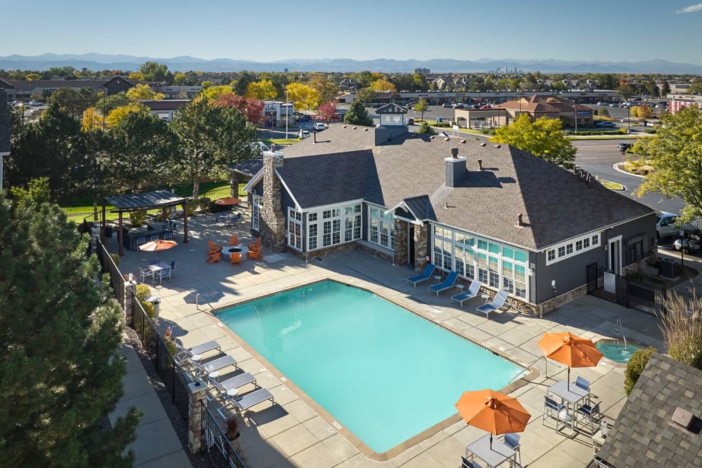 Aerial View of the Sparkling Pool at Crestone Apartments in Aurora, Colorado