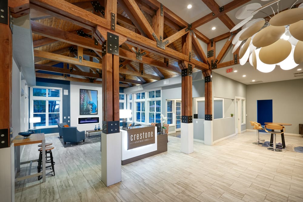 A common area entrance to the leasing office at Crestone Apartments in Aurora, Colorado