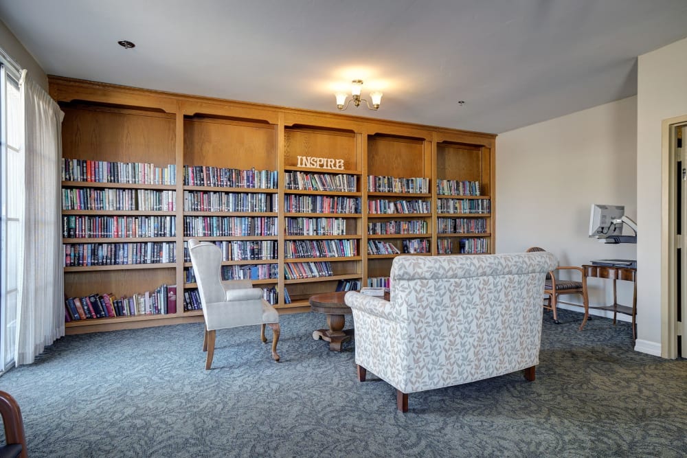 Large library room at Pacifica Senior Living Bonita in Chula Vista, California