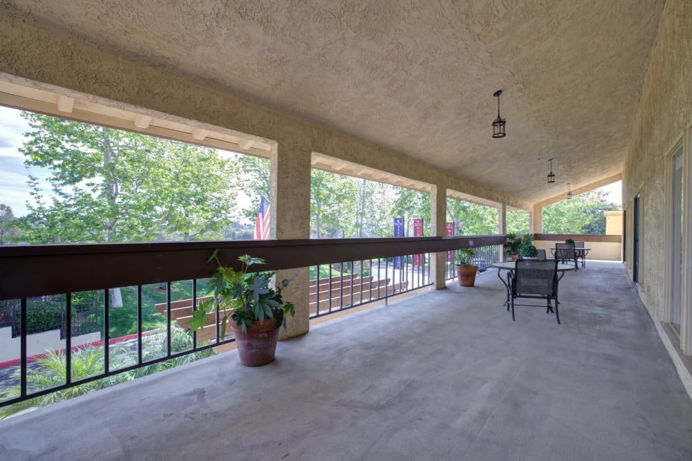 Balcony with seating at Pacifica Senior Living Encinitas in Encinitas, California