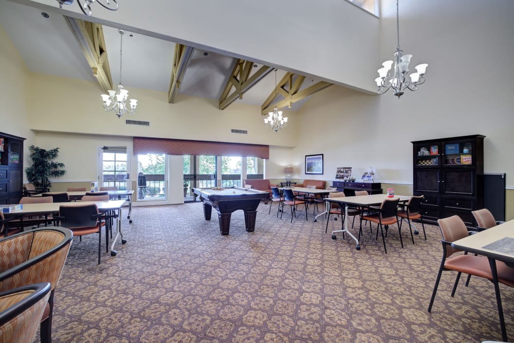 Resident recreation and game area at Pacifica Senior Living Encinitas in Encinitas, California