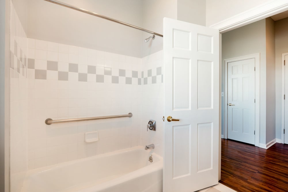 Bathroom with shower at The Grand Apartments in Chattanooga, Tennessee
