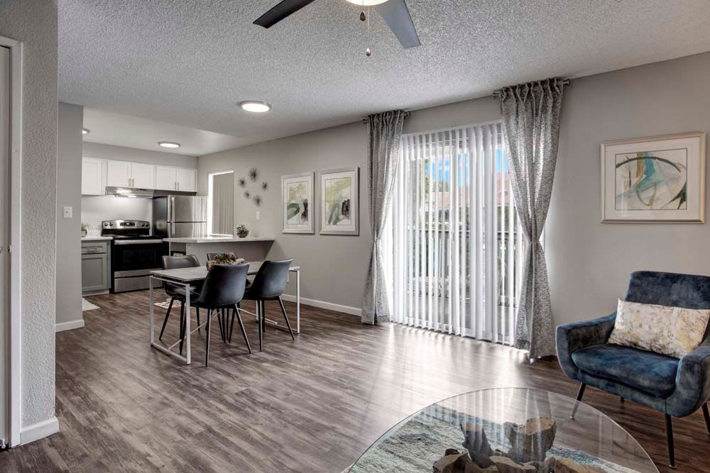 Spacious living floor with wood flooring at 505 West Apartment Homes in Tempe, Arizona