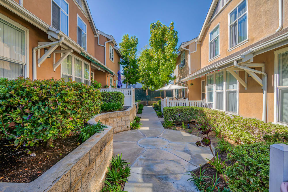 Paved walking path with a meeting spot outside at Village Heights in Newport Beach, California