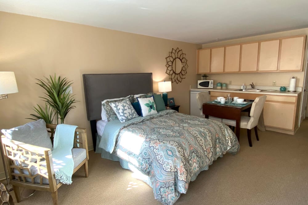 Model bedroom at Pacifica Senior Living Sterling in Sterling, Virginia