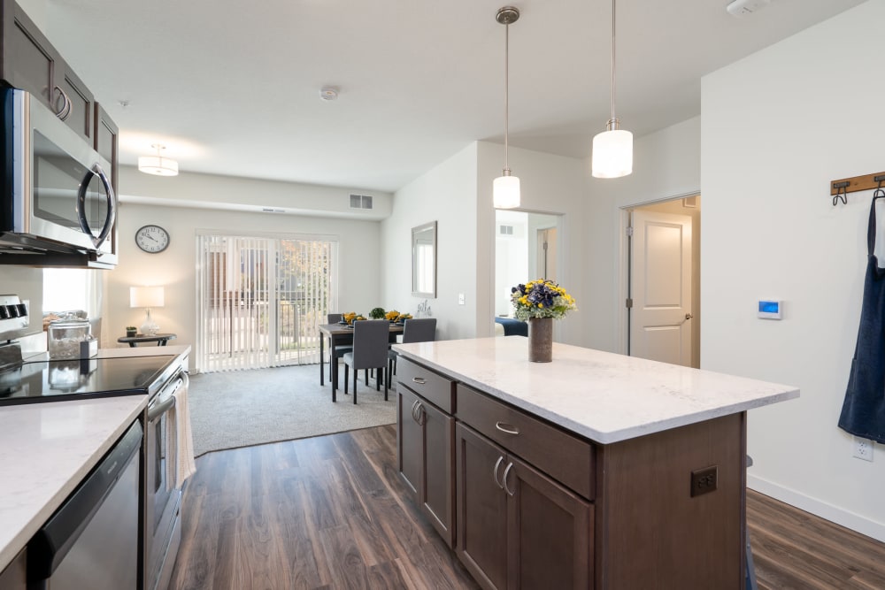 Kitchen with island at Senior Living Community in Fridley, Minnesota