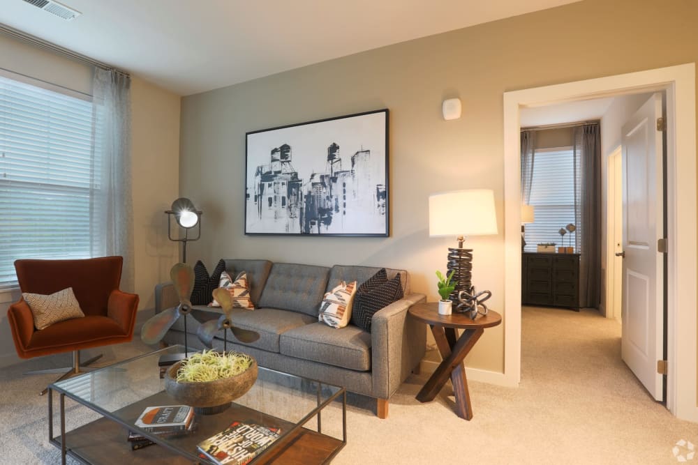 Living room model apartment at NorthPointe in Greenville, South Carolina