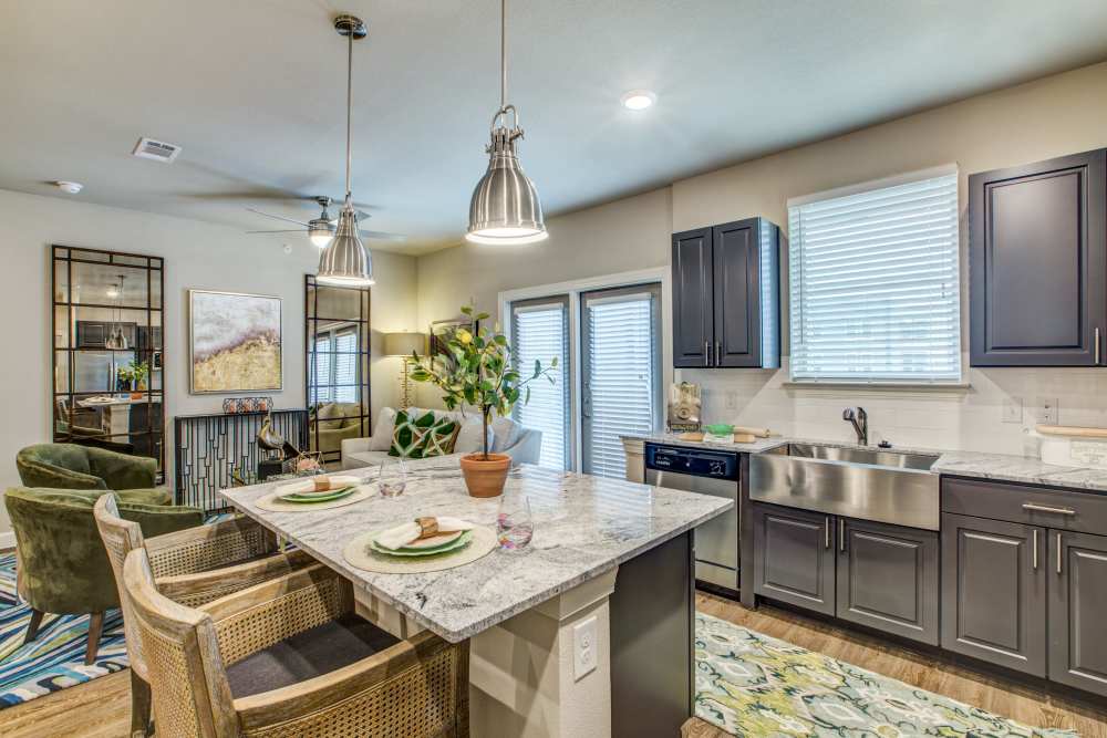 Kitchen with wood-style flooring at Watermere at Round Rock in Round Rock, Texas