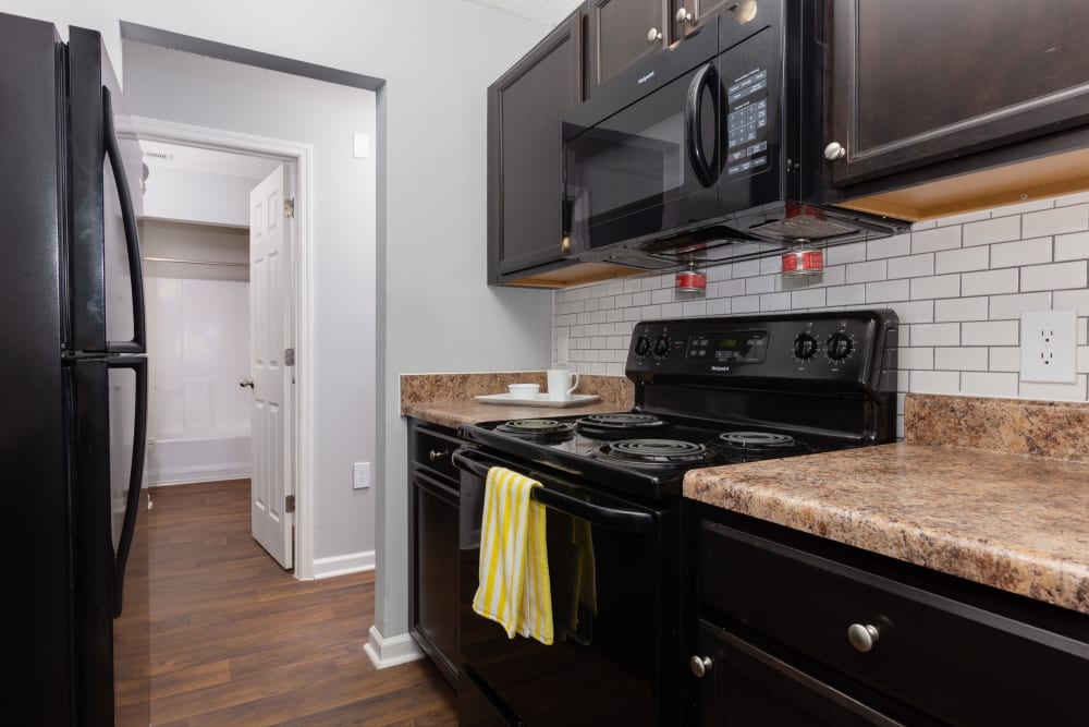 Kitchen with black appliances at Northshore Flats Apartments in Chattanooga, Tennessee