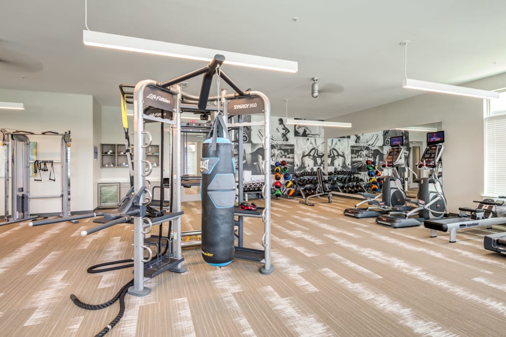 Full fitness center at Flats At 540 in Apex, North Carolina