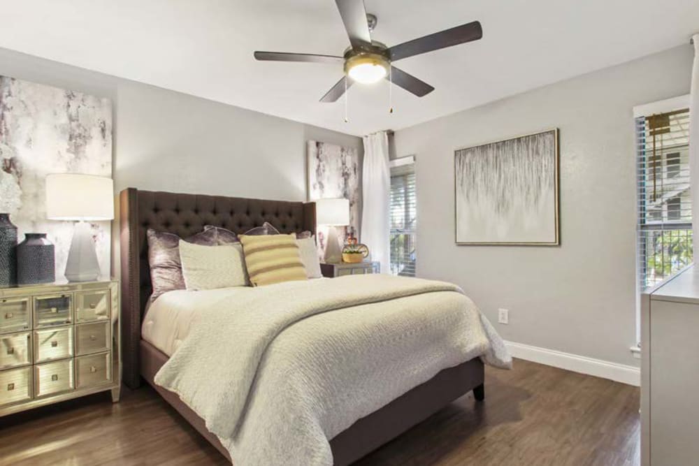 Model bedroom with ceiling fan at 3800 on Portland in Irving, Texas
