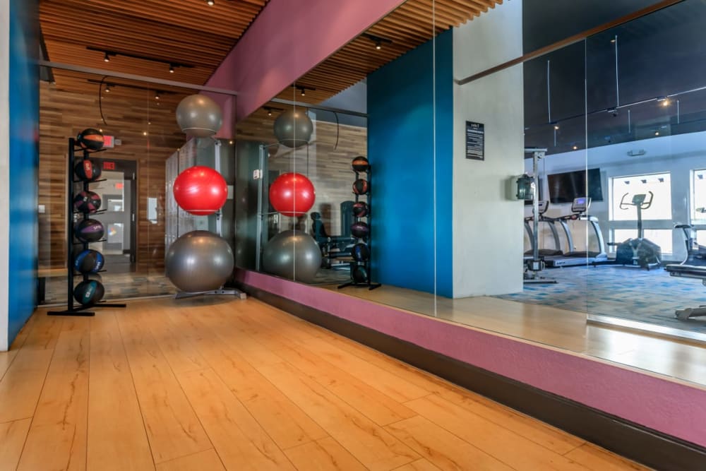 Exercise balls in the fitness center at Station 21 Apartments in Mesa, Arizona