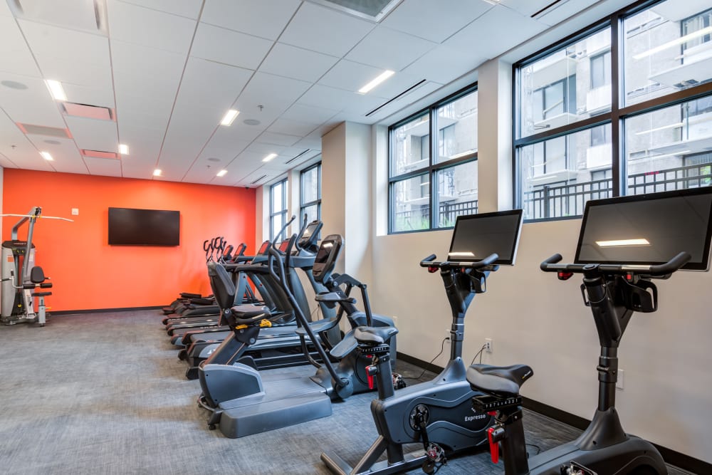 Fitness center at Main Street Apartments in Rockville, Maryland