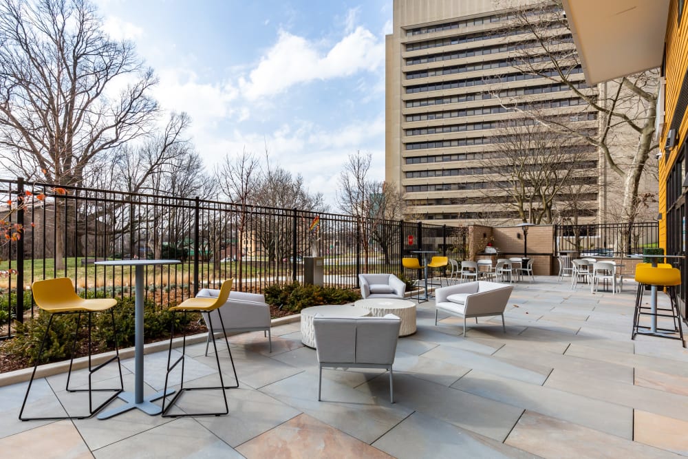 Outdoor seating at Main Street Apartments in Rockville, Maryland
