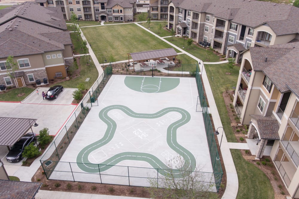Aerial view of the outdoor basketball court at Cypress Creek Wayside Drive in Houston, Texas