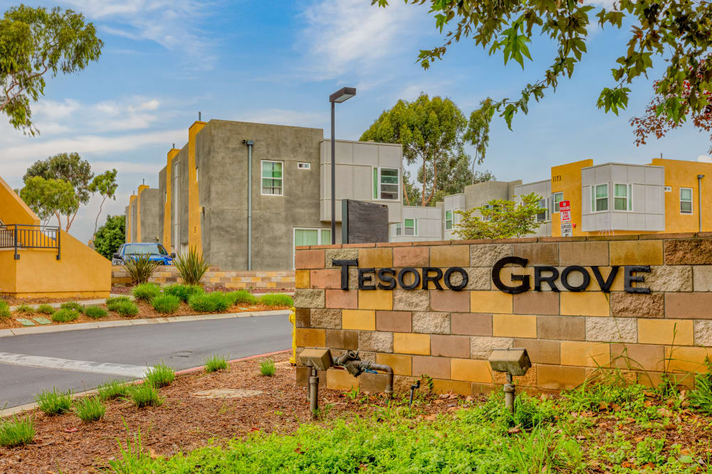 Signage outside of Tesoro Grove Apartments in San Diego, California
