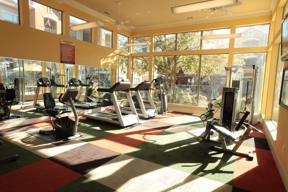 Exercise equipment in the fitness center at Mariposa at River Bend in Georgetown, Texas