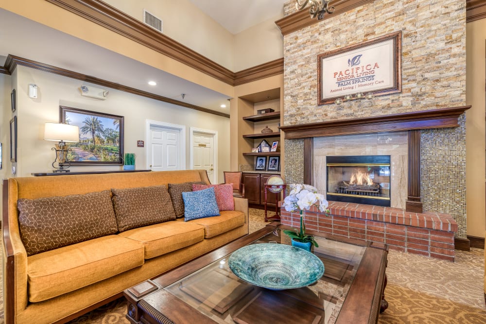 Fireplace at Pacifica Senior Living Palm Springs in Palm Springs, California