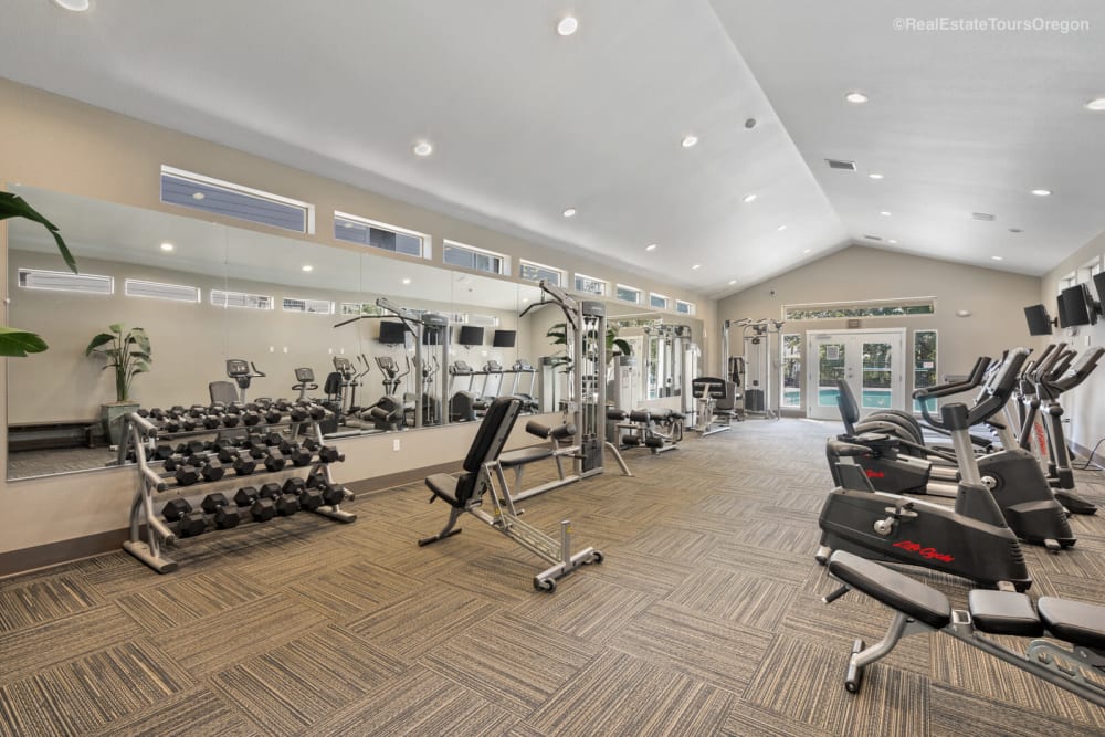 weights in the fitness center at Columbia View in Vancouver, Washington