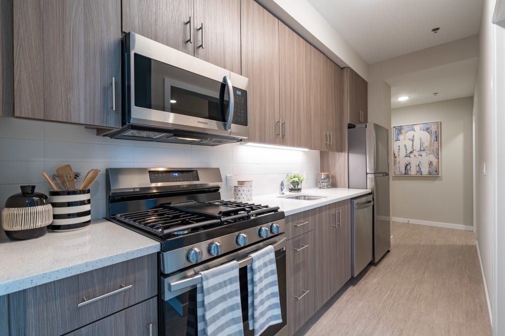 Kitchens with stainless steel appliances and gas stoves at Division 30 in Portland, Oregon