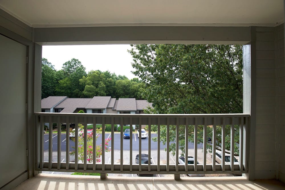 Private patio views at Lake Crossing Apartment Homes in Austell, Georgia
