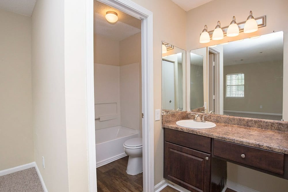 Nice bathroom with private toilet and bathtub at Lake Crossing Apartment Homes in Austell, Georgia