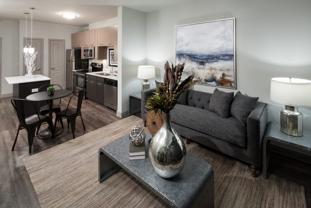 Open concept living room and kitchen at Anatole at the Pines in Conroe, Texas